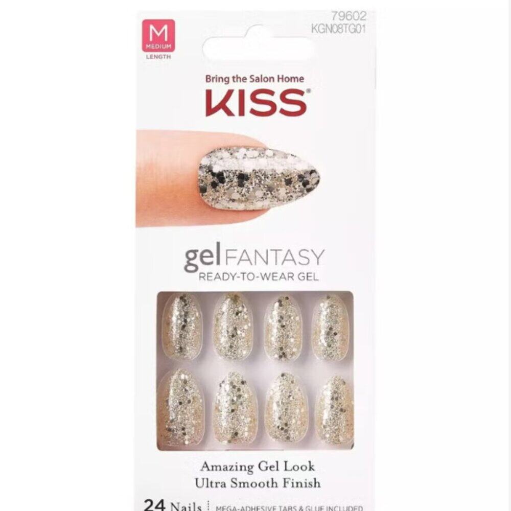 KISS Gel Fantasy Nails KGN08 Silver Glam Glitter Press-On Nails Short Almond